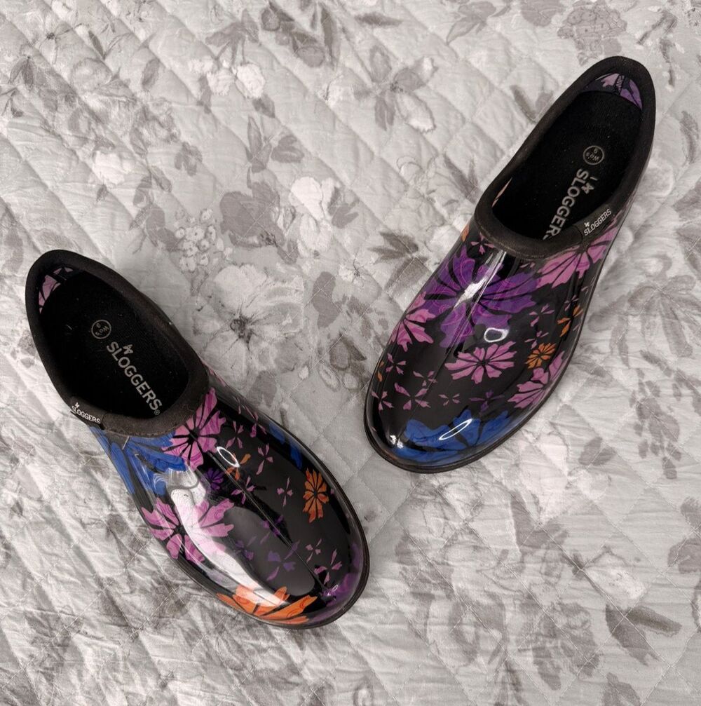 Sloggers Floral Garden Rain Shoes Waterproof Clogs Black Purple Blue Women's S 6